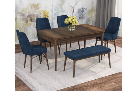 ROVENA MONA AÇILABİLİR MUTFAK MASASI TAKIMI 2157, BAROK DESEN, LACİVERT, 132X80