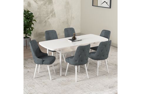 HERA SERİSİ 1 MASA + 6 SANDALYE MUTFAK MASA TAKIMI 383, ANTRASİT BEYAZ, 132X80