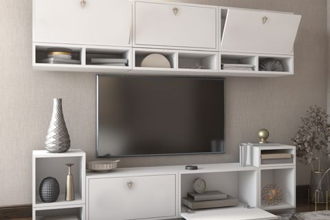 LERON GENİŞ DEPOLAMA ALANLI ÇOK BÖLMELİ DUVAR RAF SETİ VE TV DOLABI NRG TVT 1004