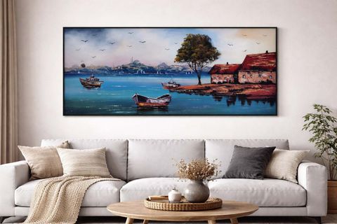 DENİZ KENARINDAKİ EVLER VE GEMİLER ORİJİNAL YAĞLI BOYA TABLO