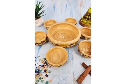 EL YAPIMI AHŞAP DOĞAL AĞAÇ DESENLİ ÇEREZLİK KAHVALTILIK YEDİ PARÇA NATUREL RENK