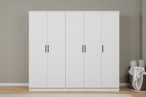 KARDELEN MAT BEYAZ ELBİSE DOLABI, 5 KAPAKLI, 9 RAFLI, 200 CM