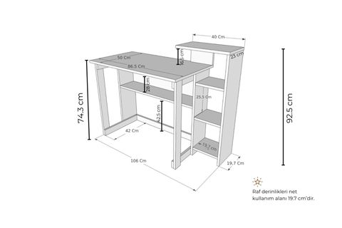 SAYE KİTAPLIKLI ÇALIŞMA MASASI, ANTRASİT BEYAZ, 5 RAFLI