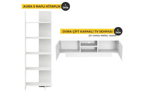 DORA TV SEHPASI VE ASİMETRİK BEŞ RAFLI KİTAPLIK, BEYAZ