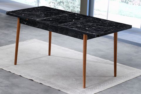 LAJMİX SİYAH MERMER AÇILIR MUTFAK MASA TAKIMI, 4 SANDALYE+PUF, SİYAH, 130X80