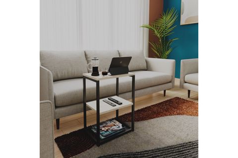 LİNA METAL AYAKLI AHŞAP RAFLI YAN SEHPA, TAŞ GRİ