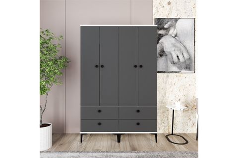 SİLVİA GARDIROP, 4 KAPAKLI, 4 ÇEKMECELİ, BEYAZ ANTRASİT
