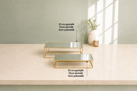 PRİZMA AYNALI TEPSİ 2Lİ SET 30X15CM, GOLD