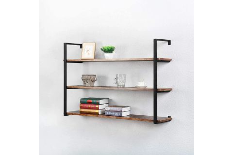 TASNİA SİYAH METAL AHŞAP DUVAR RAFI 120 CM 3 KATLI