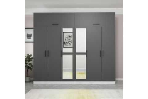 MİNAR KALE GARDIROP, 6 KAPAKLI 2 AYNALI 4 ÇEKMECELİ, BEYAZ ANTRASİT, 190 CM