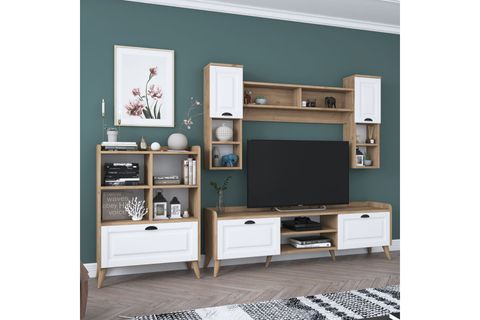RANİ DUVARA MONTE TV ÜNİTESİ AA101, DUVAR RAFLI KİTAPLIKLI, CEVİZ BEYAZ