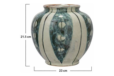 KREM YEŞİL EL YAPIMI ÇİZGİLİ VAZO RUSTİK