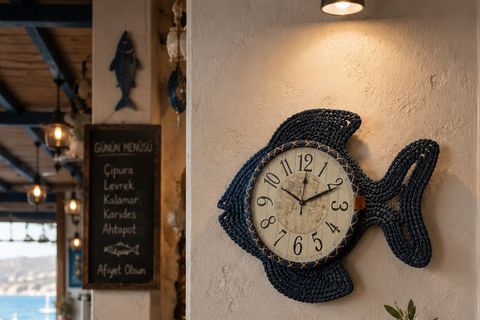 DENİZ TEMALI BALIK DUVAR SAATİ, LACİVERT, 50 CM