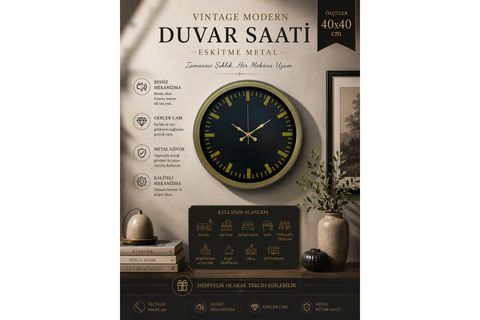 VİNTAGE  METAL MODERN DUVAR SAATİ 40 CM