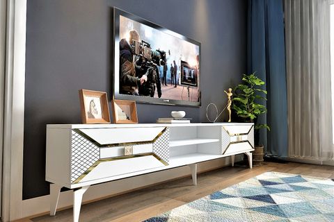 YUMEDİ TV ÜNİTESİ, İKİ RAFLI İKİ KAPAKLI, ALTIN-BEYAZ