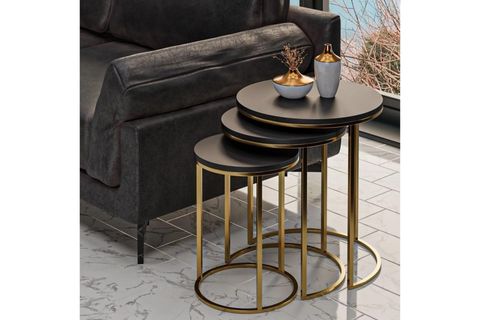 TUBİHOME ZİGON SEHPA TAKIMI, GOLD AYAK,  SİYAH AHŞAP
