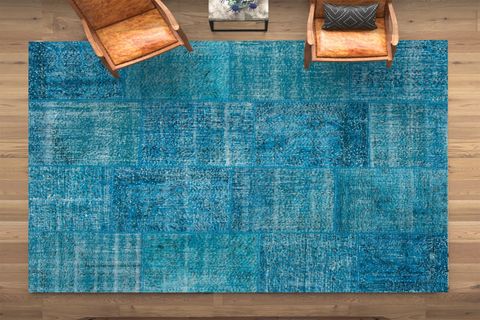 ELSE MAVİ YÜN PAMUK EL DOKUMA VİNTAGE PATCHWORK OTANTİK KIRKYAMA HALI 80X150