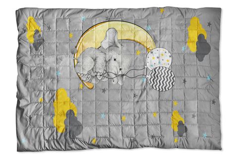 SEVİMLİ SARI BALON TUTAN FİL TEK KİŞİLİK KAPİTONELİ YATAK ÖRTÜSÜ, GRİ