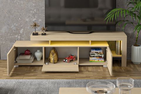 LUMA LED IŞIKLI TV ÜNİTESİ KONSOL,  AÇIK MEŞE DESEN, 192 CM
