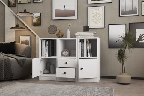 CONSOLA RAFLI KAPAKLI ÇEKMECELİ KONSOL BEYAZ 98 CM KNS-1002-Ç