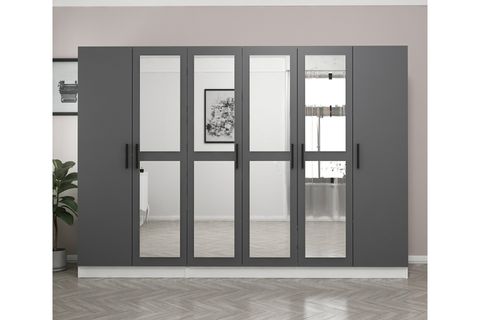 MİNAR KALE 6 KAPAKLI 4 AYNALI 2 ÇEKMECELİ DOLAP BEYAZ ANTRASİT 210CM