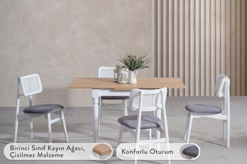 VERA ÇİZİLMEZ AÇILIR MASA TAKIMI, MEŞE BEYAZ, 80X80