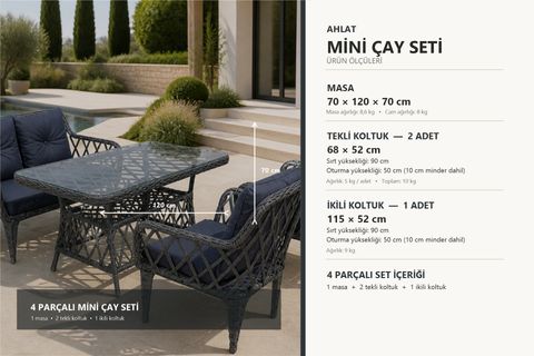 AHLAT MİNİ 4 KİŞİLİK RATTAN BALKON TAKIMI, ANTRASİT
