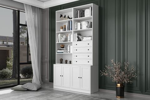 BKCONCEPT 4 KAPAKLI ÇEKMECELİ RAFLI KİTAPLIK, 130 CM, BEYAZ, KTP-1304