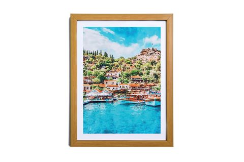 NATUREL ÇERÇEVELİ SULUBOYA ANTALYA KAŞ TABLOSU 33X43 CM