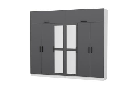 MİNAR KALE GARDIROP, 6 KAPAKLI 2 AYNALI 4 ÇEKMECELİ, BEYAZ ANTRASİT, 190 CM