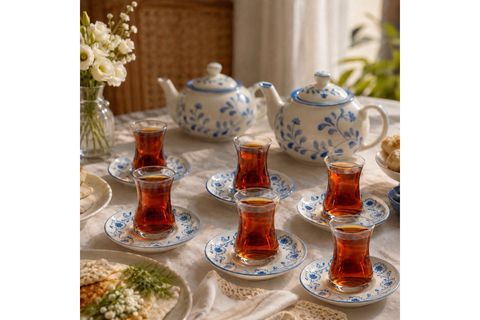 ALTILI ÇAY SETİ MAVİ BEYAZ
