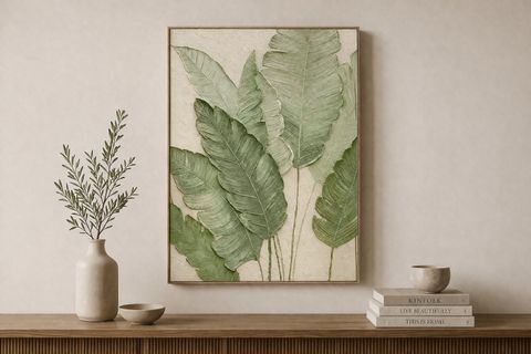 YEŞİL TONLU BÜYÜK YAPRAKLAR ORİJİNAL YAĞLI BOYA TABLO