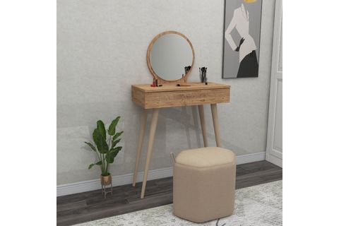ARNETTİ SİENA ÇEKMECELİ AHŞAP AYAKLI AYNALI MAKYAJ MASASI, ATLANTİK ÇAM - SİENA