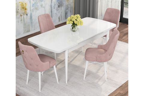ROVENA MONA AÇILABİLİR MUTFAK MASASI TAKIMI, BEYAZ DESEN, PEMBE, 132X80