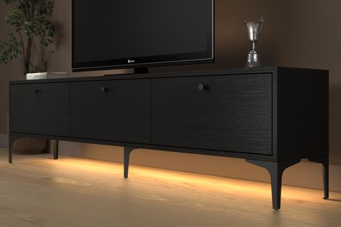VENÜS LED IŞIKLI MİNİFİKSLİ GENİŞ TV SEHPASI, WOOD SİYAH, 180 CM