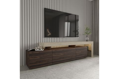 BELİZ LED IŞIKLI TV SEHPASI, TRAVERTEN/CEVİZ
