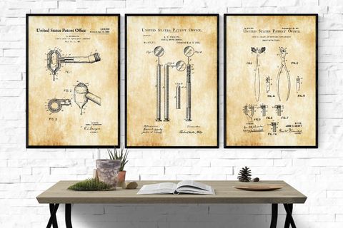 AHŞAP ÇERÇEVELİ VİNTAGE TABLO SETİ, DENTAL INSTRUMENTS, 50X70