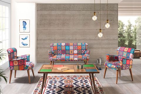 KARE ÇAY SETİ TAKIMI, CEVİZ AYAK, RENKLİ