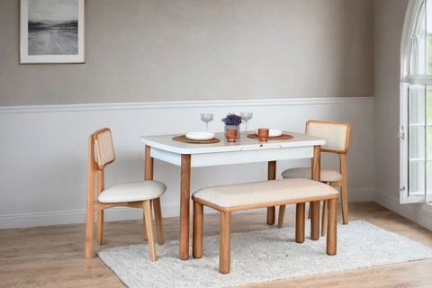 CAMELA NATURAL BEYAZ AÇILIR DÖŞEMELİ BENCHLİ MASA SANDALYE TAKIMI, 70X127, 2 SANDALYELİ