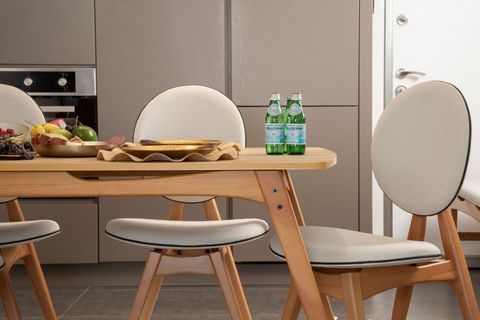 TOUCH BENCHLİ İSKANDİNAV MASA TAKIMI, MEŞE KREM, 4 SANDALYE 1 BENCH, 160X80