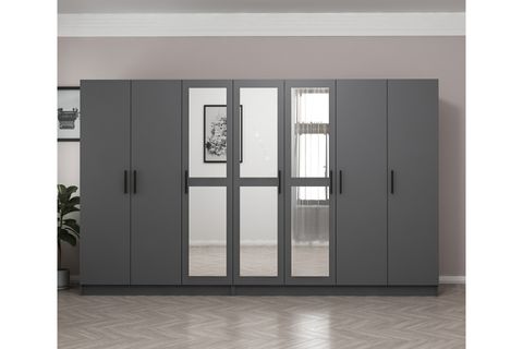 MİNAR KALE 7 KAPAKLI 3 AYNALI 4 ÇEKMECELİ DOLAP ANTRASİT 210CM