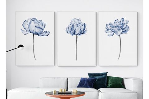 MODERN MAVİ ÇİÇEKLİ ÜÇLÜ TABLO SETİ, BEYAZ ÇERÇEVE, 33X48