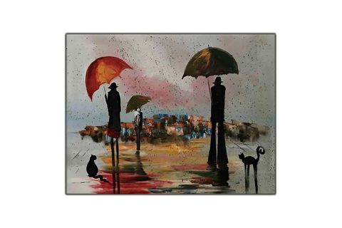 YAĞMURDA YÜRÜYEN İNSANLAR ORİJİNAL YAĞLI BOYA TABLO