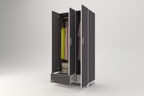 YASEMİN GARDIROP, 3 KAPAKLI KAPAKLI, 1 ÇEKMECELİ, 168X80X42, GRİ