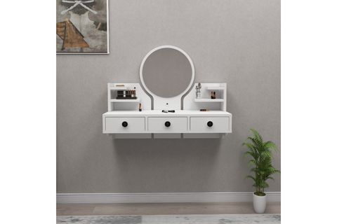 ARNETTİ POLİNA ÇEKMECELİ RAFLI DUVARA MONTE AYNALI MAKYAJ MASASI, BEYAZ - POLİNA