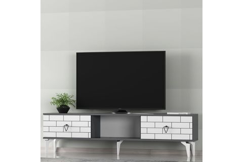 VARNA TV ÜNİTESİ ALT MODÜL, 2 KAPAKLI RAFLI, BEYAZ -ANTRASİT