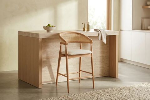 GAZEL BAR SANDALYESİ, NATUREL AHŞAP, KREM KUMAŞ