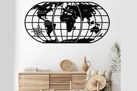 İNGİLİZCE KITA İSİMLERİ YAZILI METAL DÜNYA HARİTASI