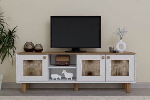 BOHEM SERİSİ NATURA PVC HASIR DESEN TV ÜNİTESİ, GARDEN MEŞE BEYAZ