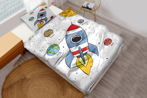 UZAY ASTRONOT GEZEGENLOER UZAY ARASI DESENLİ TEK KİŞİLİK ÇOCUK NEVRESİM TAKIMI, 160X220 CM